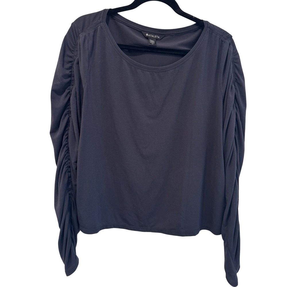 Athleta Womens‎ 1X Black Charcoal Ruched Long Sleeve Scoop Neck Athleisure Top